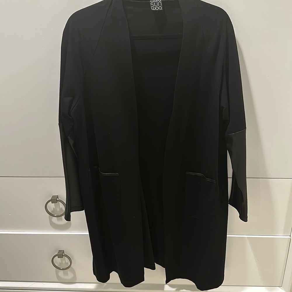 Clara Sun Woo openfront long black jacket/coat - fall weight wool-like fabric